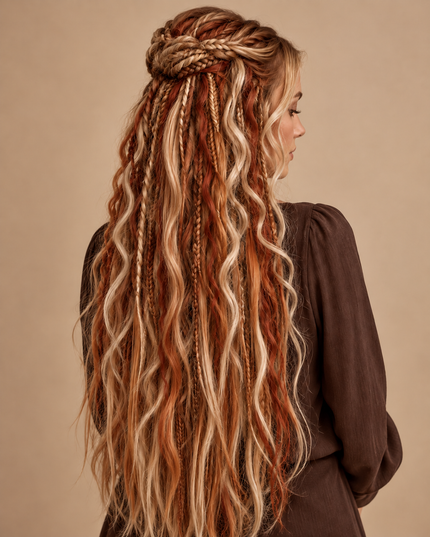Half-opgestoken herfstkapsel met fijne vlechten, losse blonde golven en koperkleurige accenten tegen een beige achtergrond.