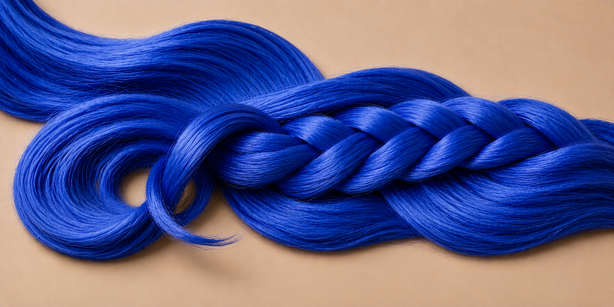 Blauw invlechthaar met luxe blauwe vlecht op beige achtergrond | De HaarBoetiek