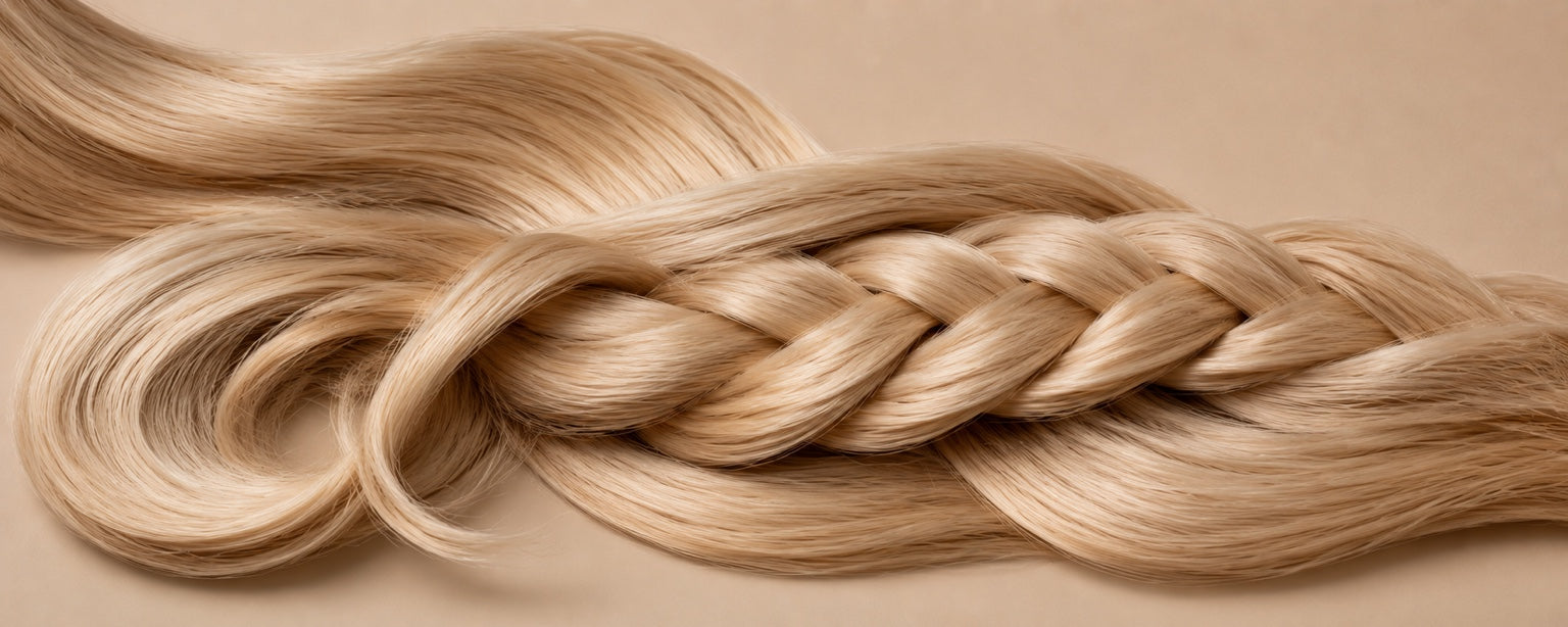 Blond invlechthaar met luxe blonde vlecht op beige achtergrond | De HaarBoetiek