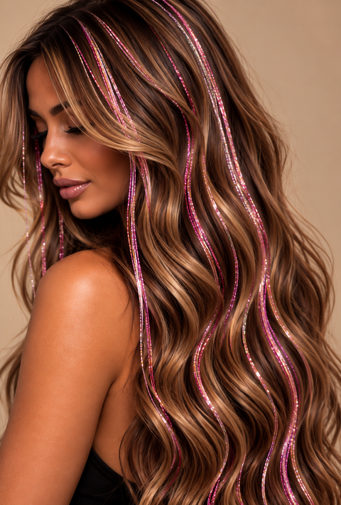 Roze Hair Tinsel in lang bruin haar op beige achtergrond