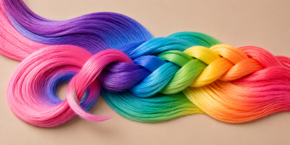 Regenboog invlechthaar met luxe multicolor vlecht op beige achtergrond | De HaarBoetiek