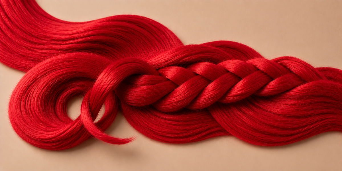 Rood invlechthaar met luxe rode vlecht op beige achtergrond | De HaarBoetiek