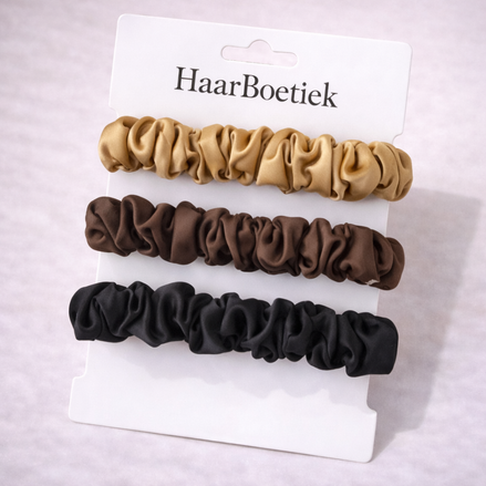 Srunchies set goud-bruin-zwart satijn - De HaarBoetiek