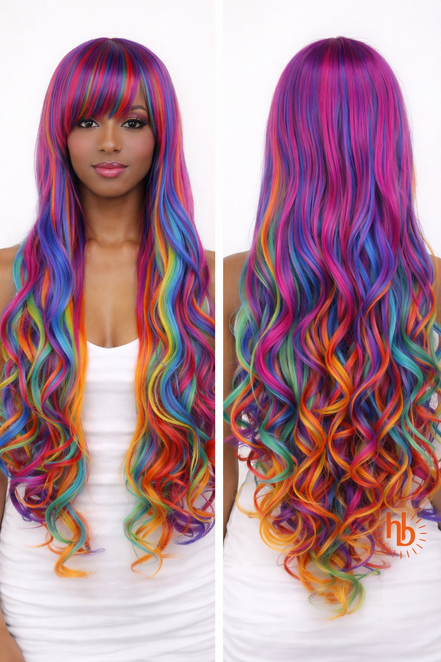 Premuim pruik regenboog slag mix | De haarboetiek | 65 CM
