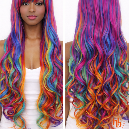 Premium pruik regenboog slag mix 65cm voor carnaval feestlooks - De HaarBoetiek
