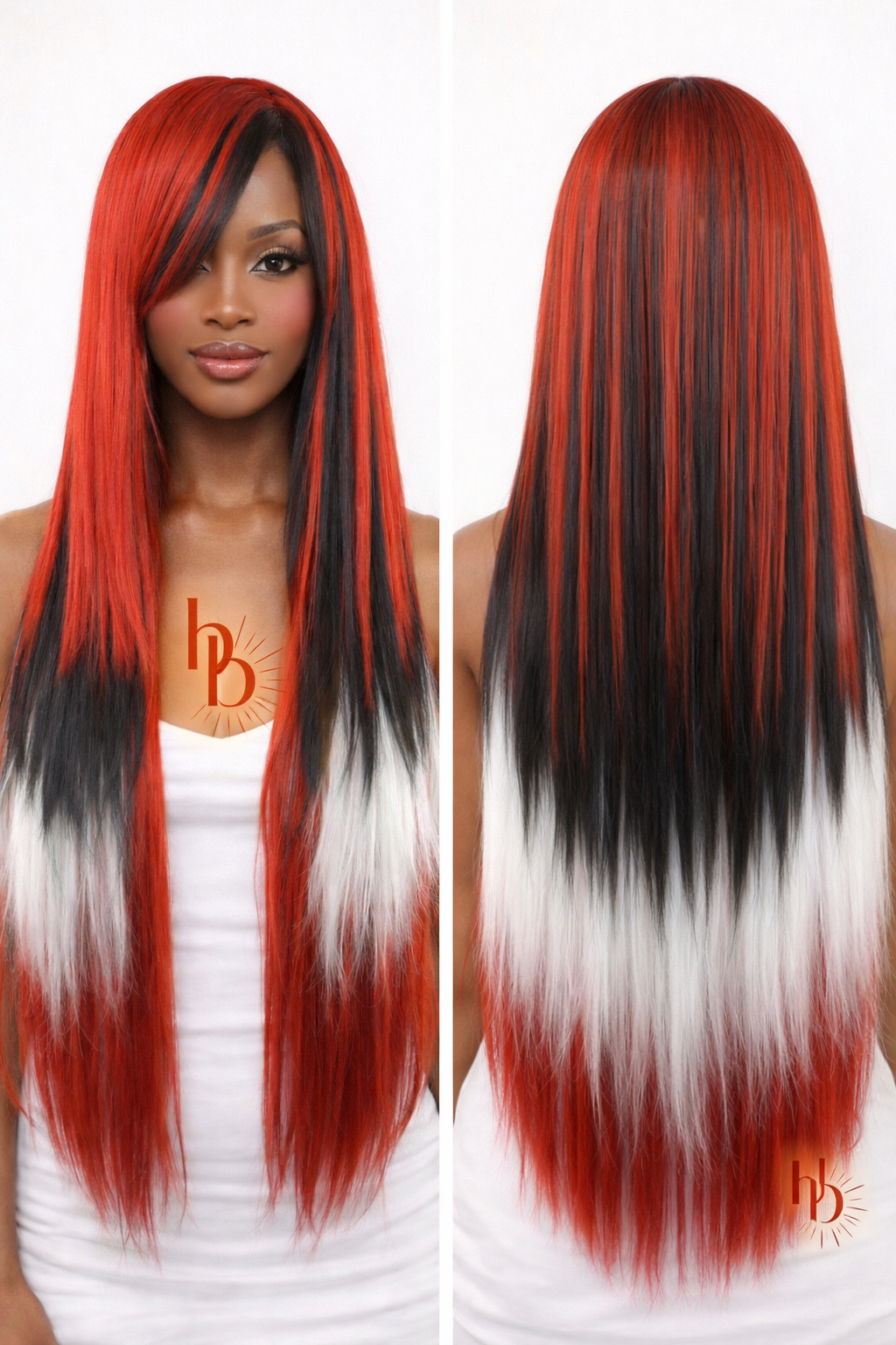 Premium pruik rood - wit - zwart stijl | De haarboetiek | 65 CM