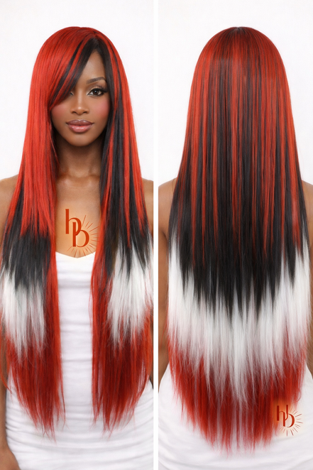 Premium pruik rood - wit - zwart stijl | De haarboetiek | 65 CM