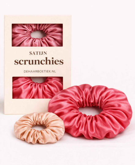 Satijnen scrunchie duo pack pink champagne - De HaarBoetiek