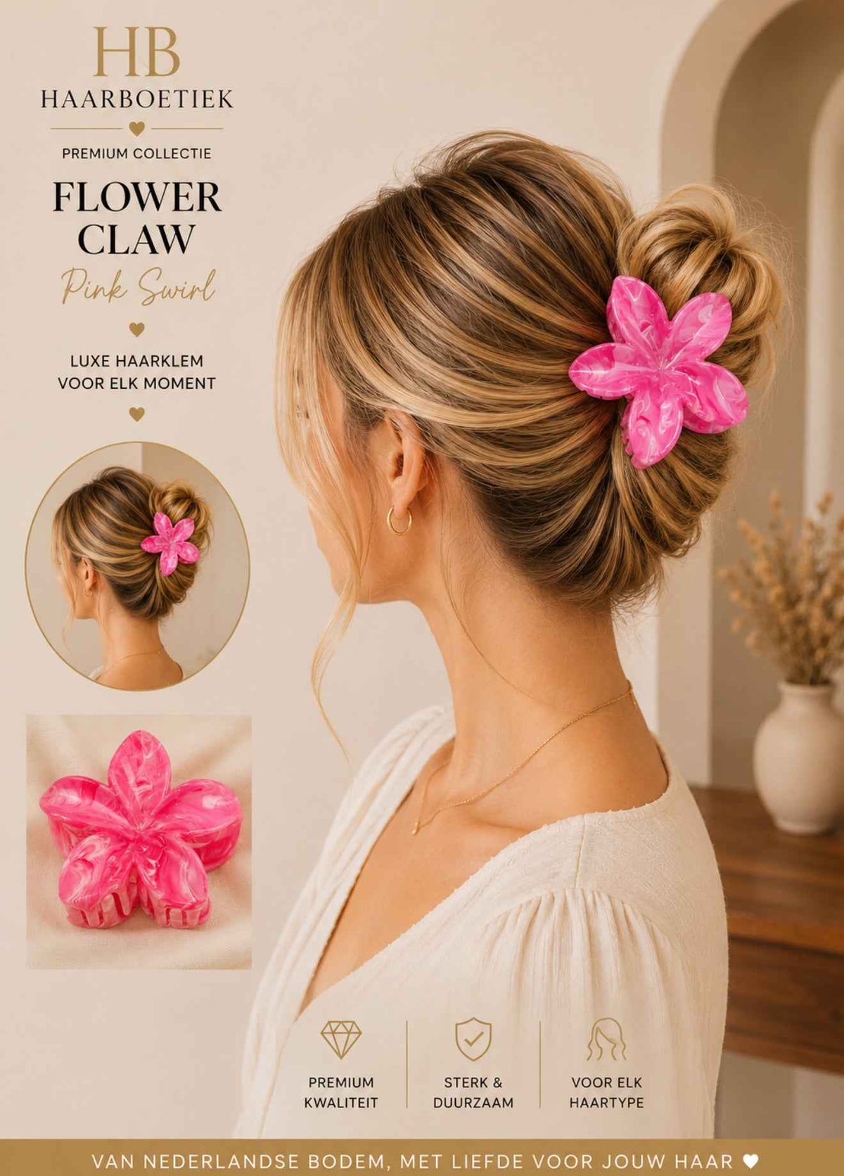Summer bloem haarklem marble roze haaraccessoire - De HaarBoetiek