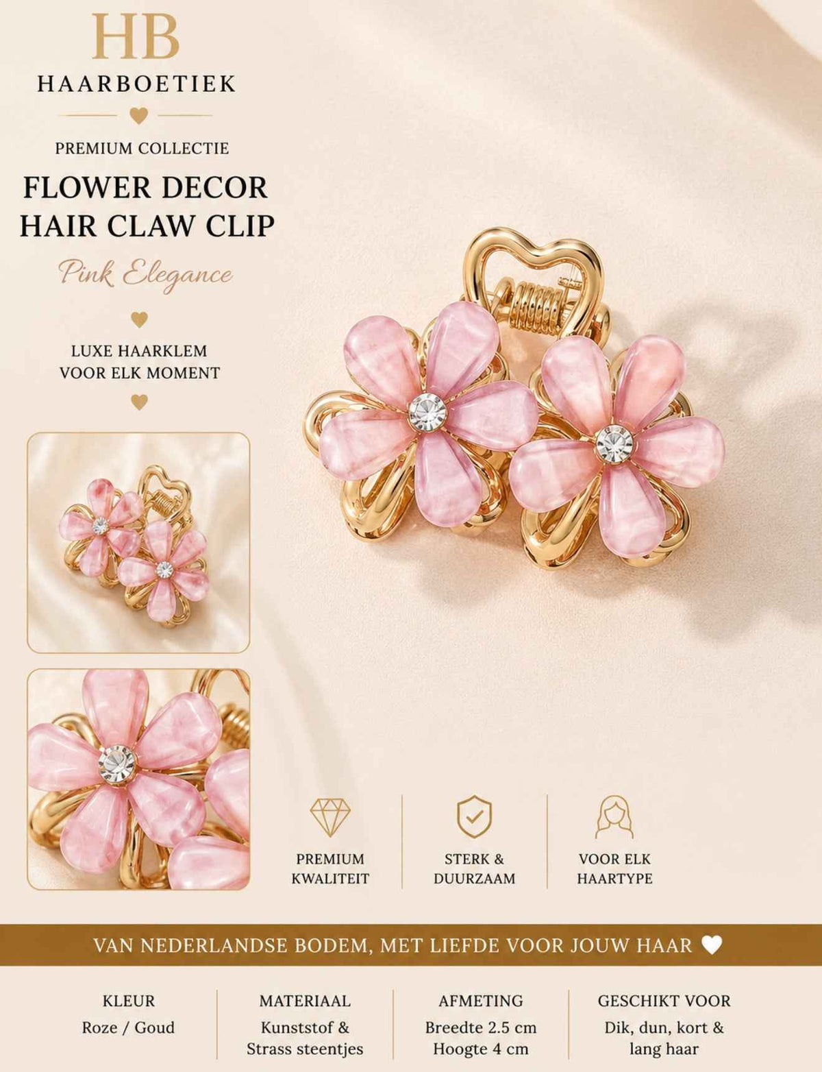 Summer mini bloem haarklem goud lichtroze haaraccessoire - De HaarBoetiek