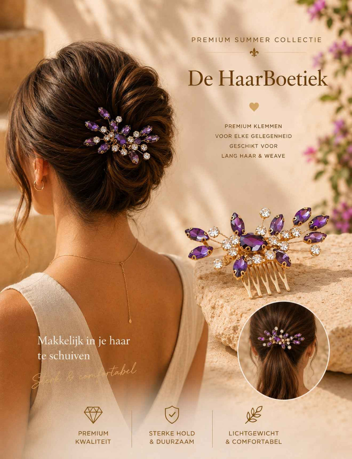 Summer sparkle strass haarkam paars haaraccessoire - De HaarBoetiek