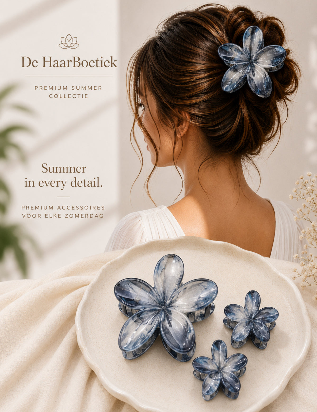 Summer flower haar clip set marble blauw haaraccessoire voor haar - De HaarBoetiek