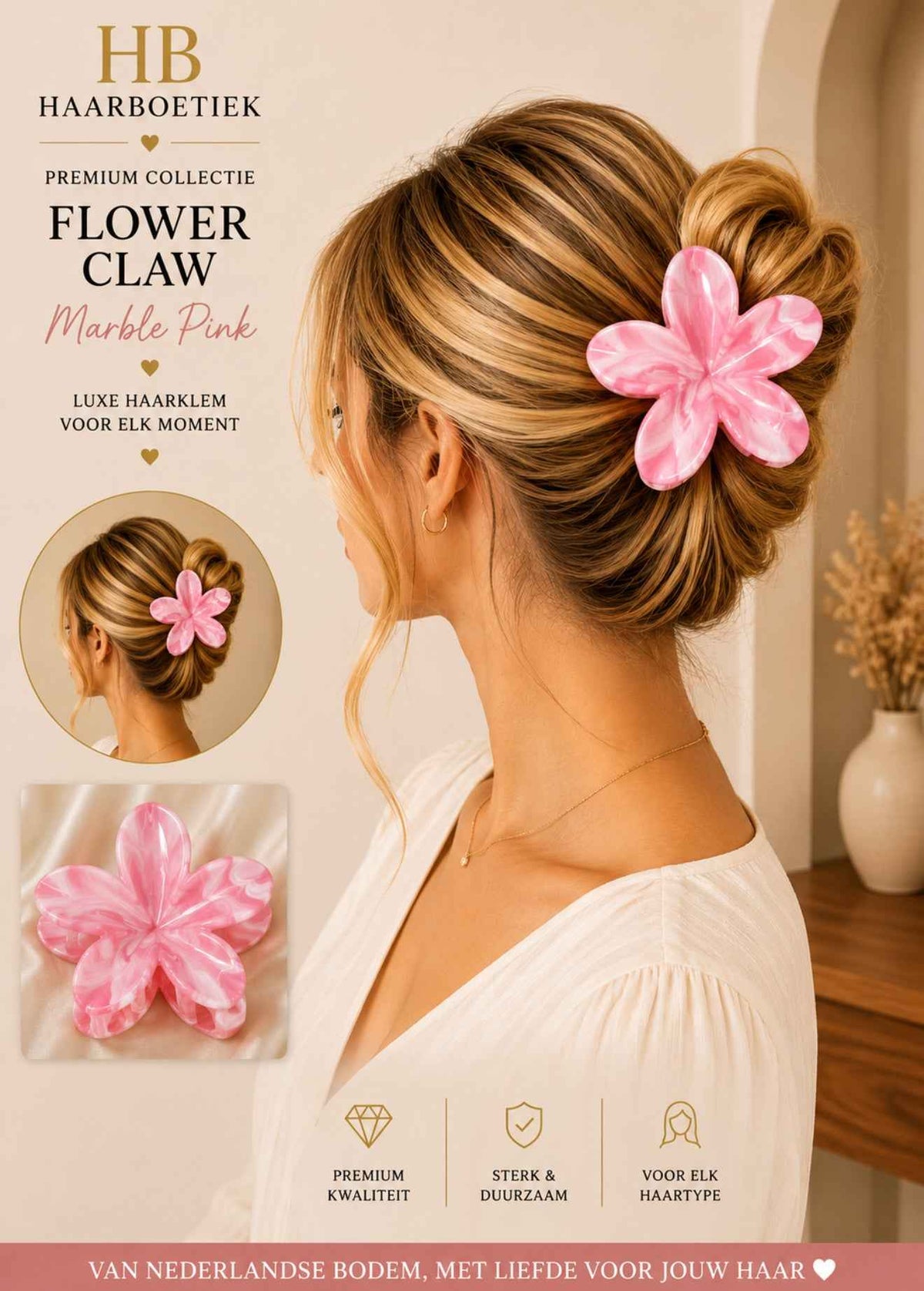 Summer bloem haarklem roze wit haaraccessoire - De HaarBoetiek