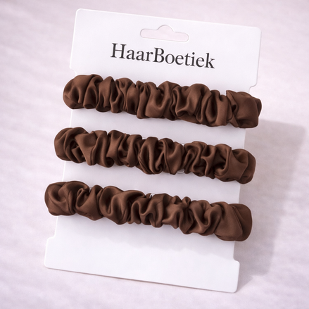 Srunchies set bruin satijn - De HaarBoetiek