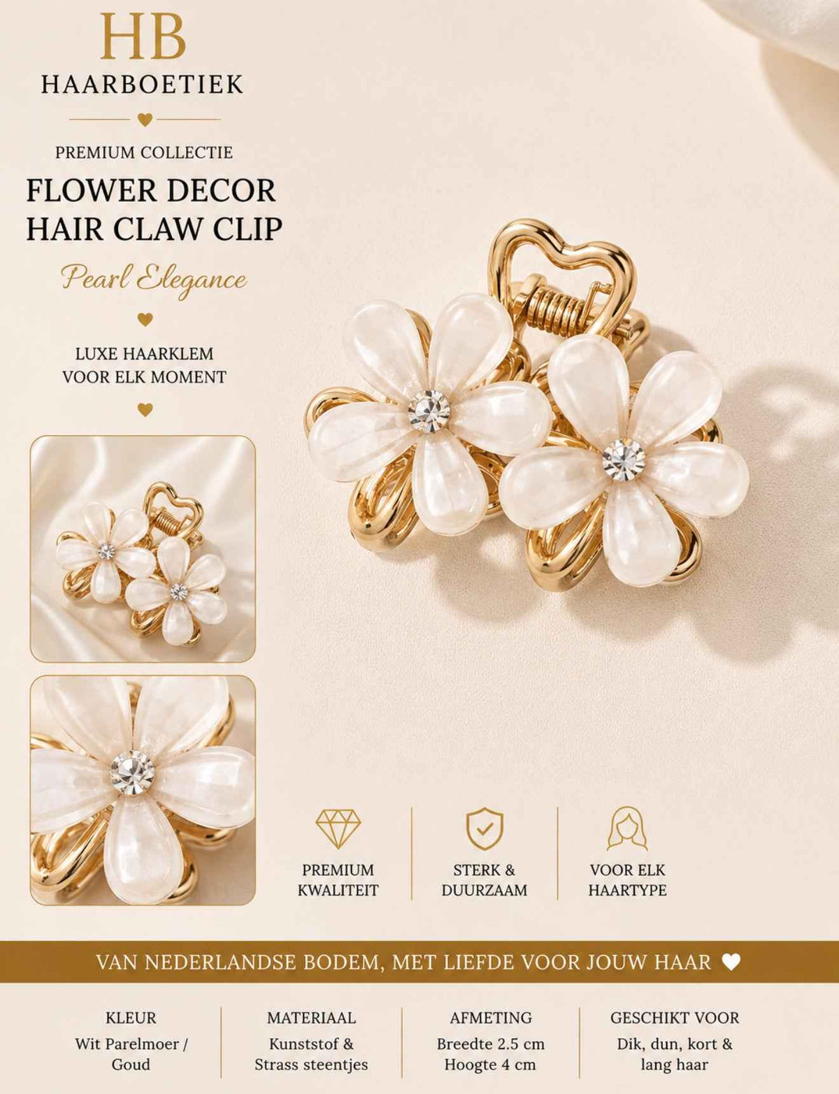 Summer mini bloem haarklem goud wit haaraccessoire - De HaarBoetiek