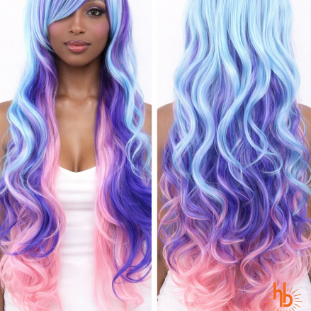 Premium pruik licht blauw roze paars slag 65cm voor carnaval - De HaarBoetiek