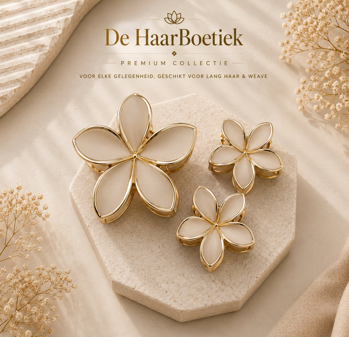 Summer flower haarclip set beige goud haaraccessoire – foto 2 - De HaarBoetiek