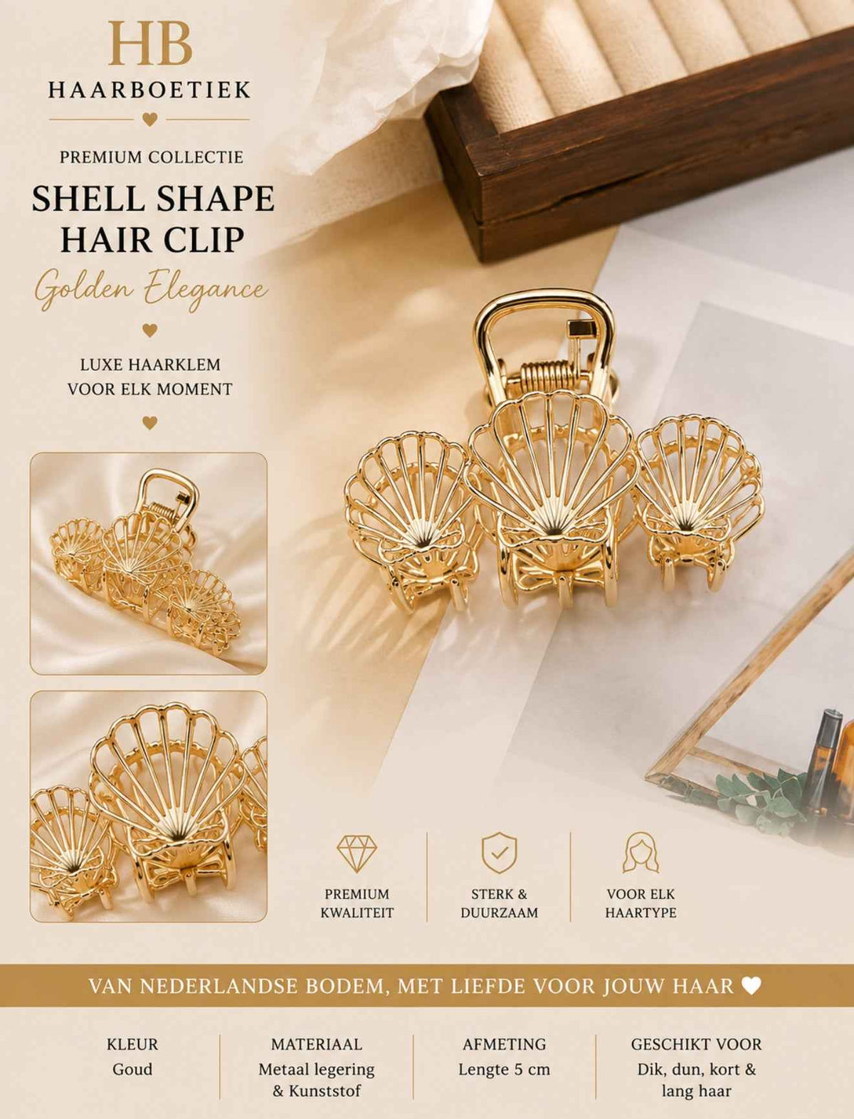 Premium schelp haarklem goud haaraccessoire - De HaarBoetiek