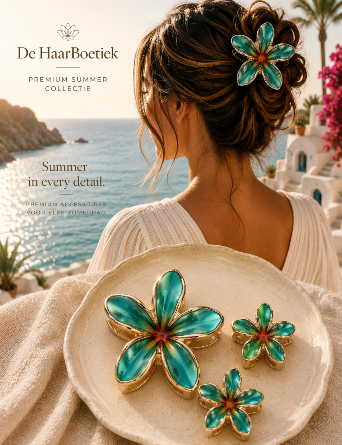 Summer flower haar clip set turquoise bloem haaraccessoire voor zomerlooks - De HaarBoetiek