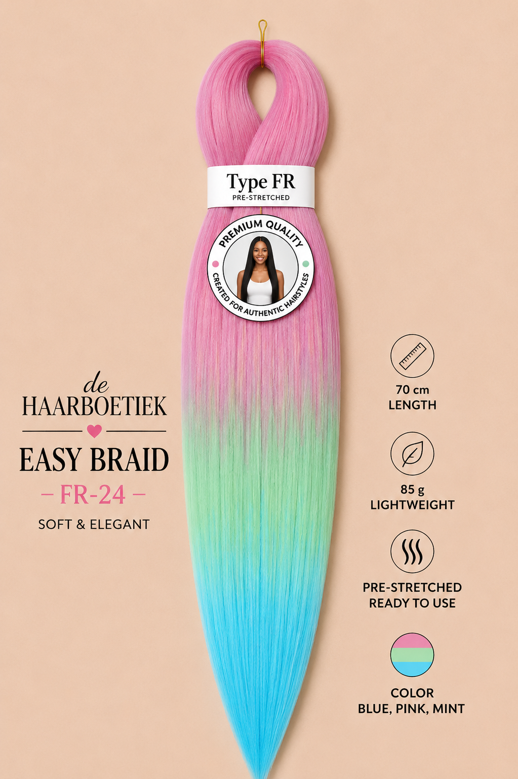 Easy braid regenboog roze - groen - blauw