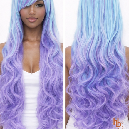 Premium dames pruik lila licht blauw slag 65cm voor carnaval - De HaarBoetiek