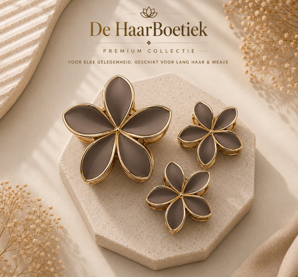 Summer flower haarclip set donker taupe goud haaraccessoire – foto 2 - De HaarBoetiek