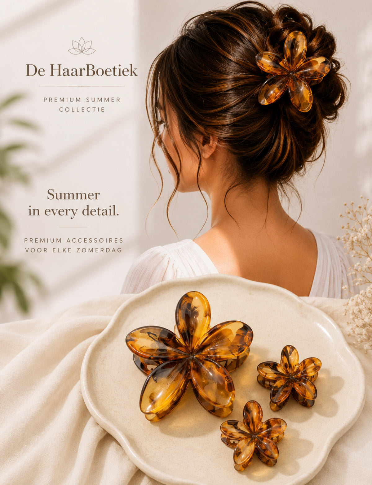 Summer flower haar clip set marble bruin haaraccessoire voor braids - De HaarBoetiek