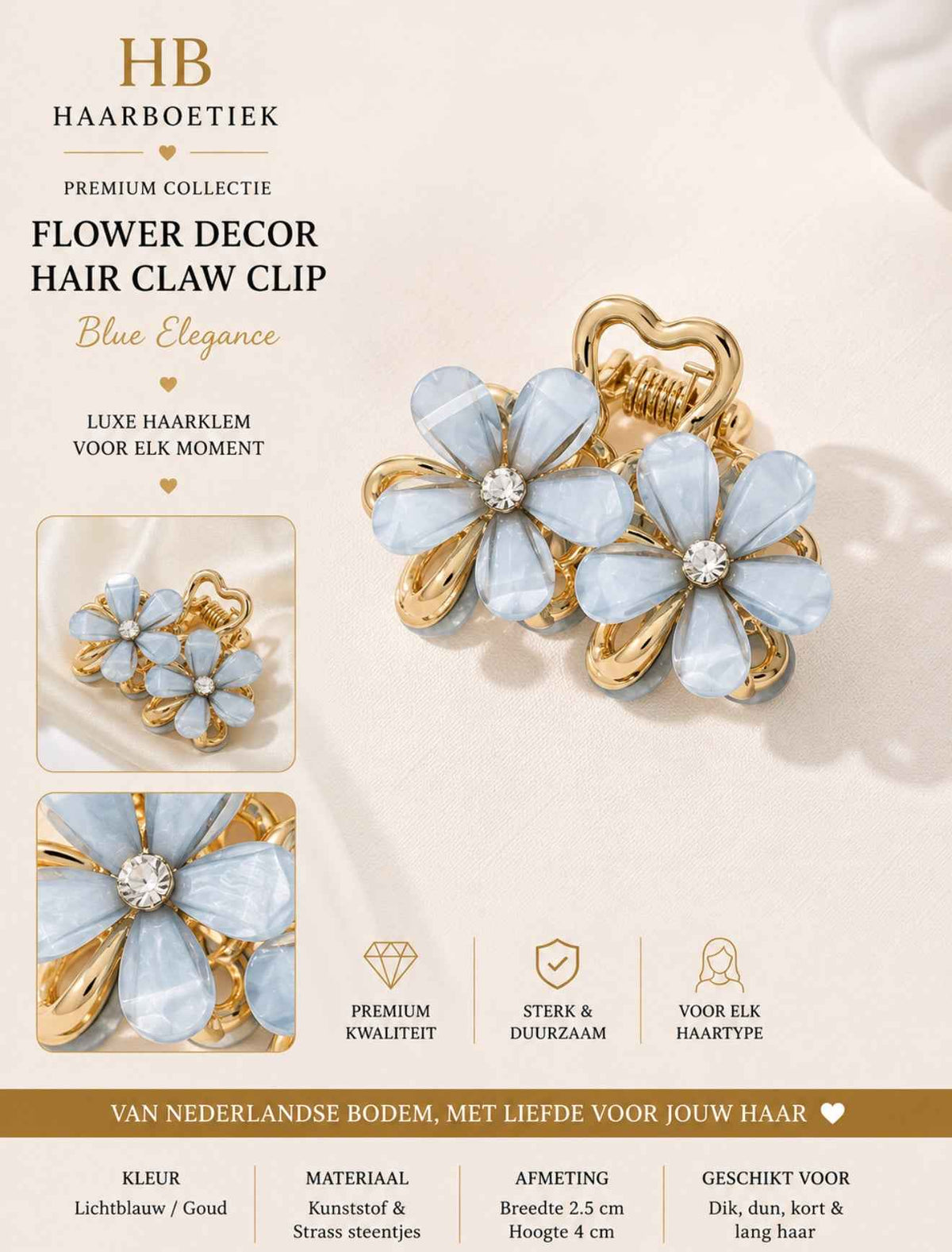 Summer mini bloem haarklem goud lichtblauw haaraccessoire - De HaarBoetiek