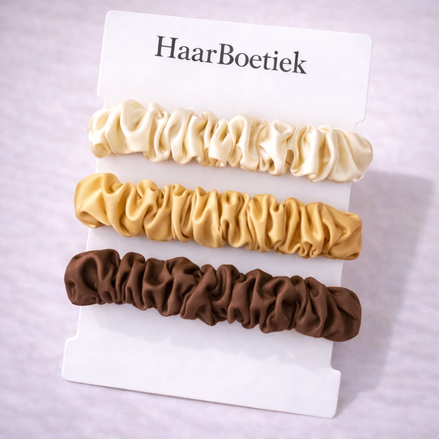 Srunchies set beige-goud satijn - De HaarBoetiek