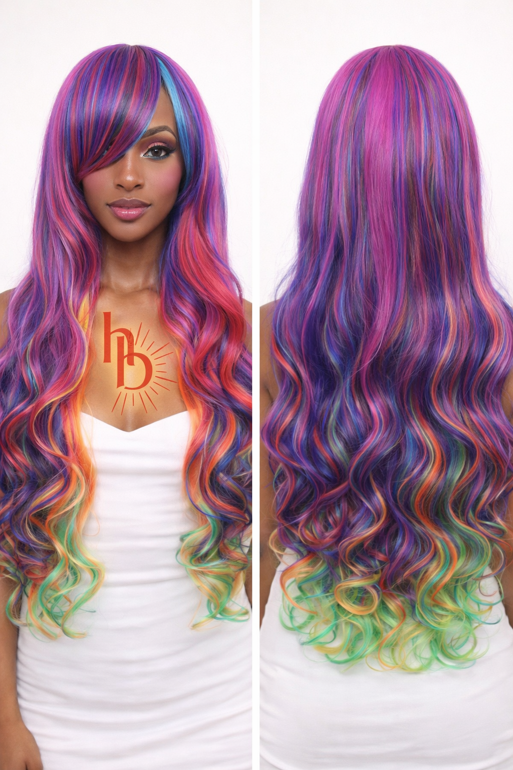 Premium dames pruik paars regenboog slag 65cm voor carnaval - De HaarBoetiek