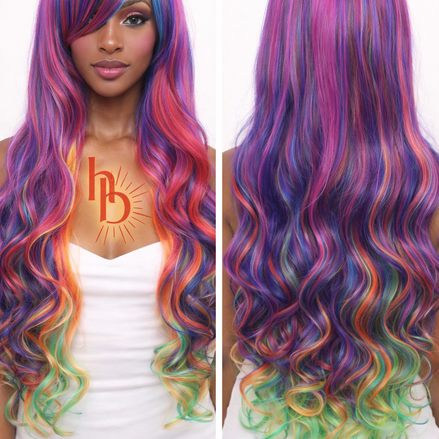 Premium dames pruik paars regenboog slag 65cm voor carnaval - De HaarBoetiek