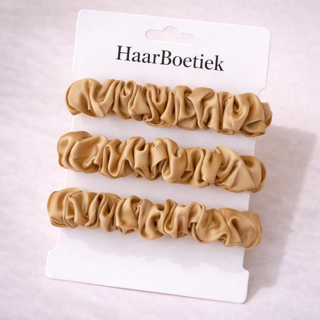 Satijn scrunchies goud 3 stuks - De HaarBoetiek