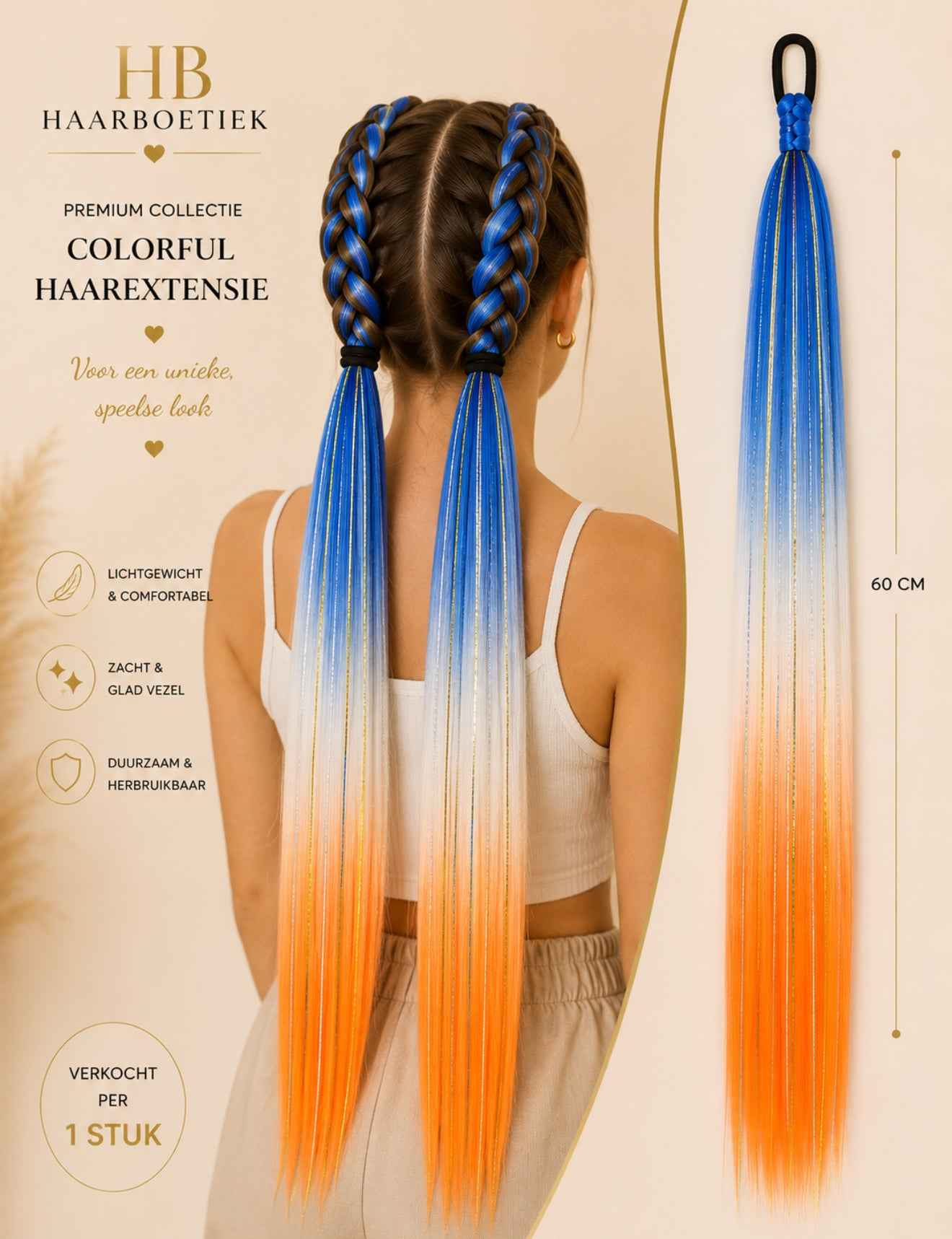 Vlechtstaart op elastiek ombre oranje wit blauw braid ponytail - De HaarBoetiek