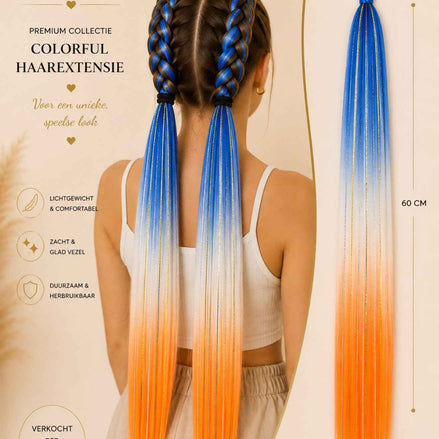 Vlechtstaart op elastiek ombre oranje wit blauw braid ponytail - De HaarBoetiek