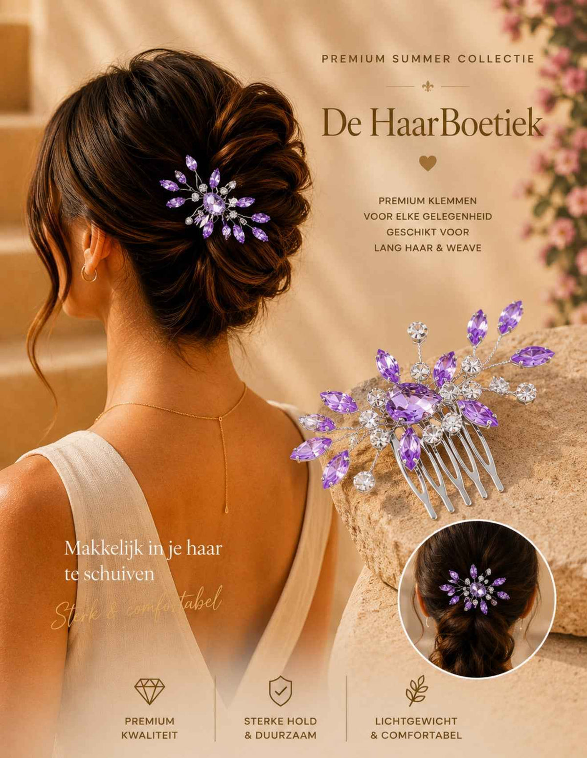 Summer sparkle strass schuifspeld lila haaraccessoire - De HaarBoetiek