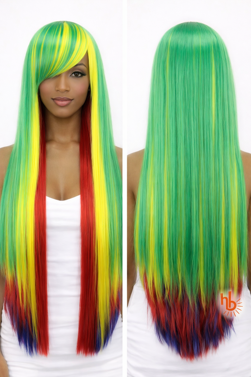 Premium dames pruik groen regenboog stijl 65cm voor carnaval - De HaarBoetiek