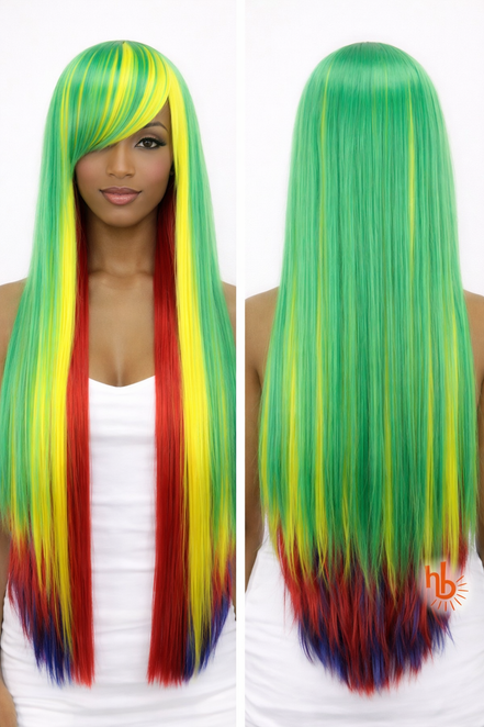 Premium dames pruik groen regenboog stijl 65cm voor carnaval - De HaarBoetiek