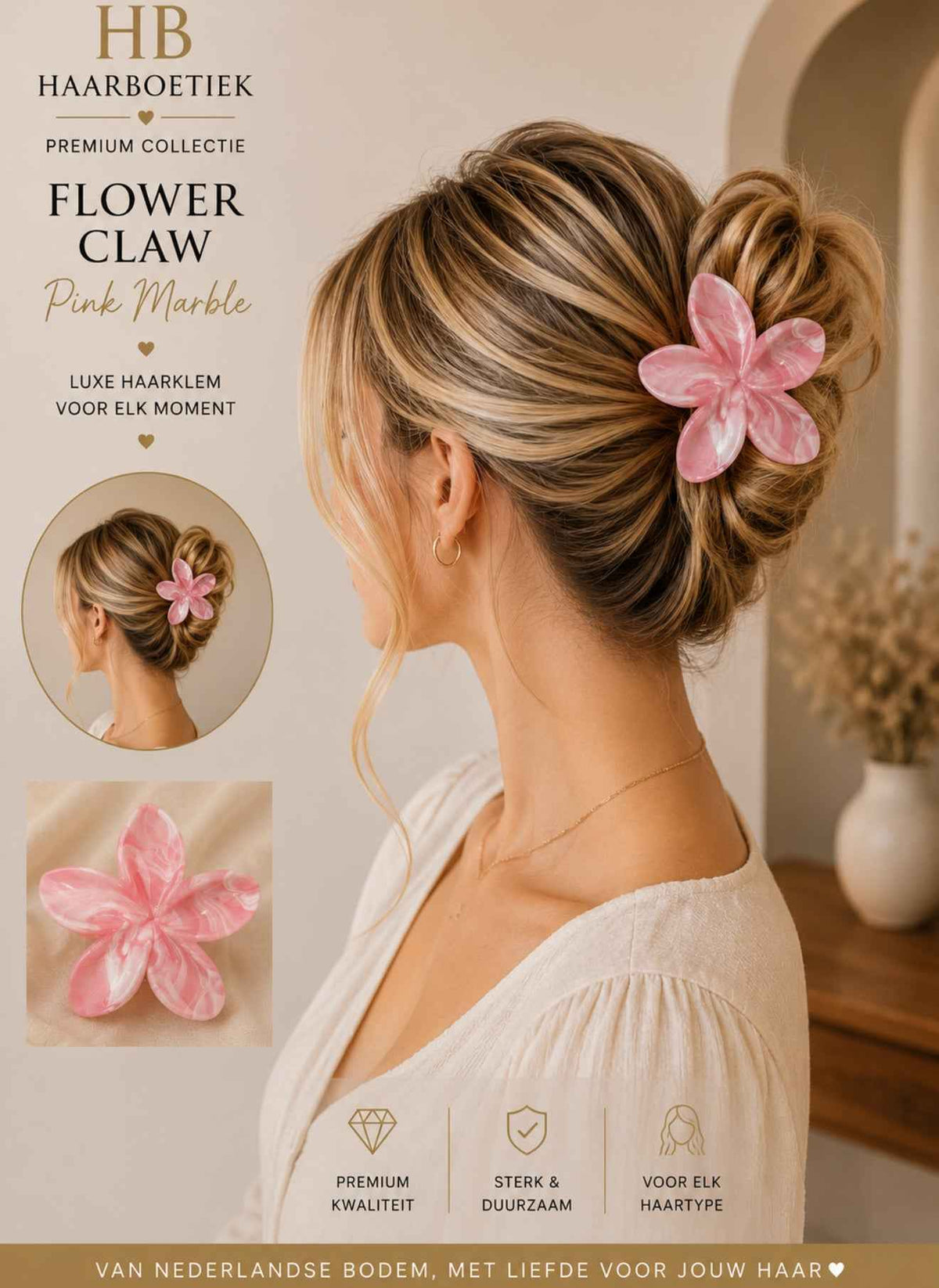 Summer bloem haarklem lichtroze marble haaraccessoire - De HaarBoetiek