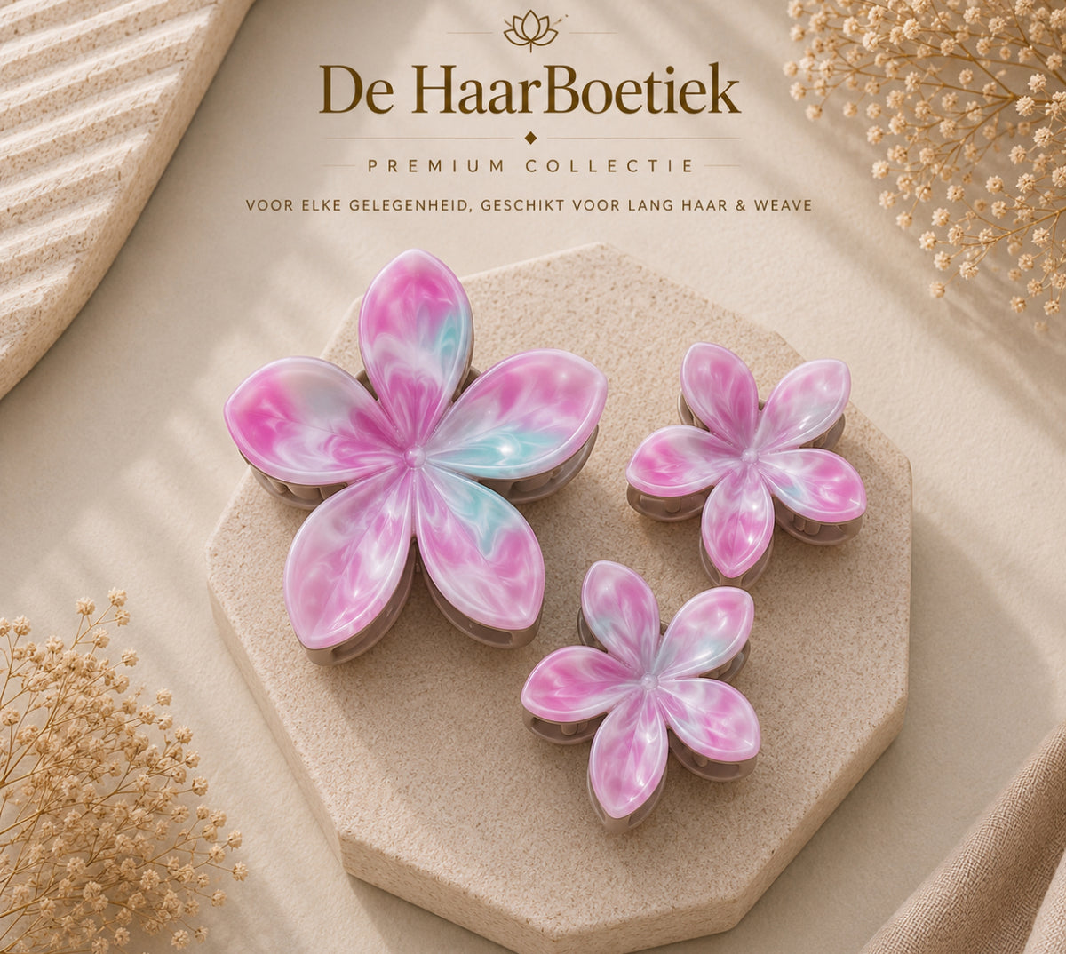 Summer Flower marble roze - licht blauw haar clip set