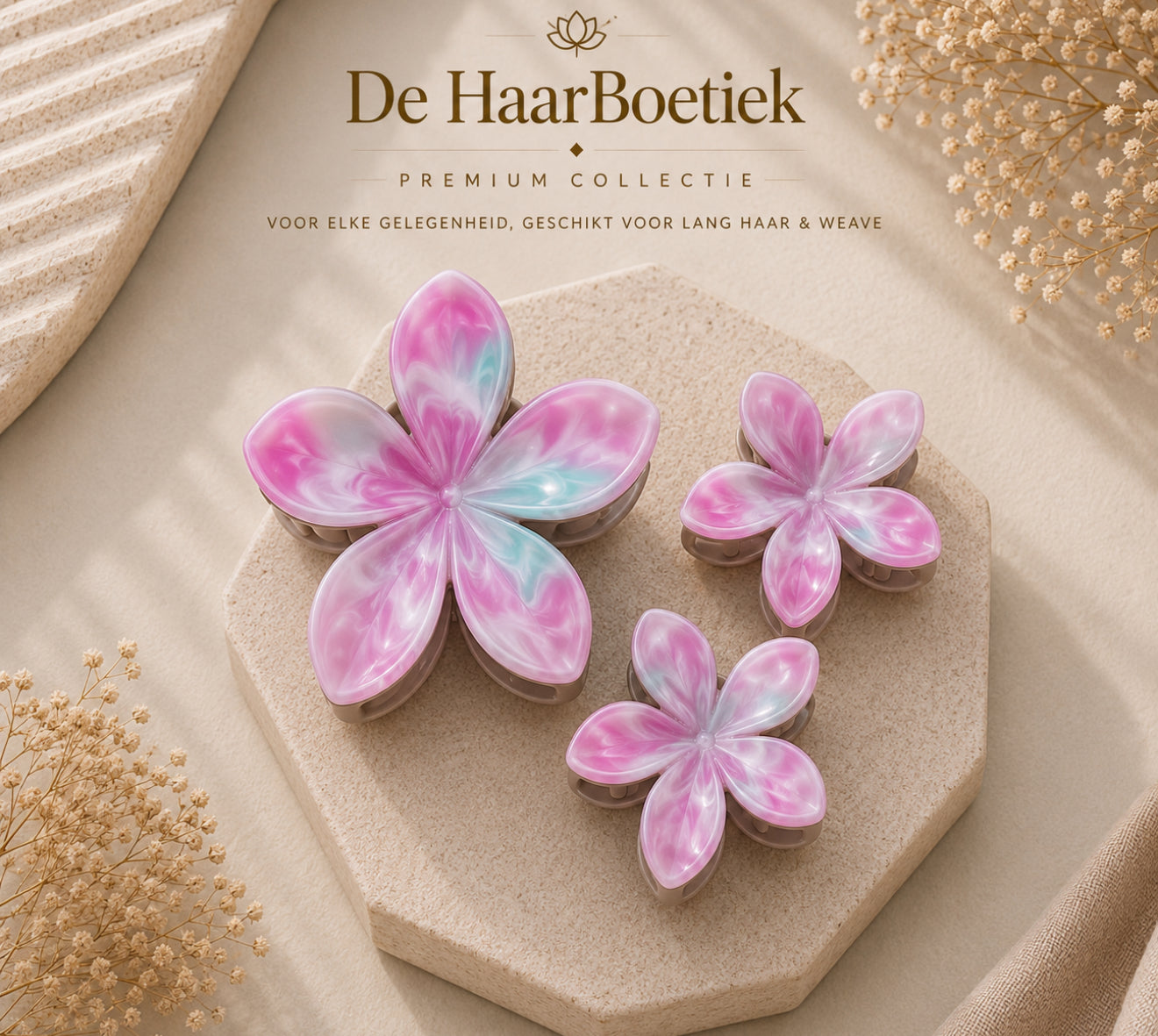 Summer Flower marble roze - licht blauw haar clip set