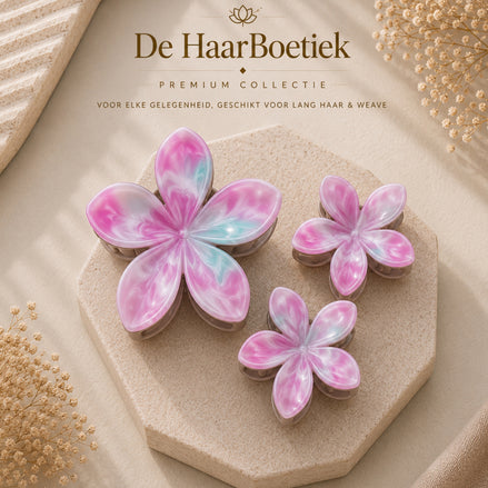 Summer Flower marble roze - licht blauw haar clip set