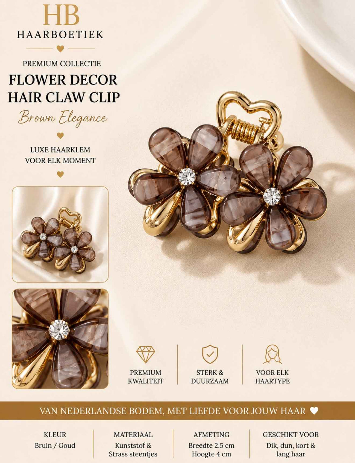 Summer mini bloem haarklem goud bruin haaraccessoire - De HaarBoetiek