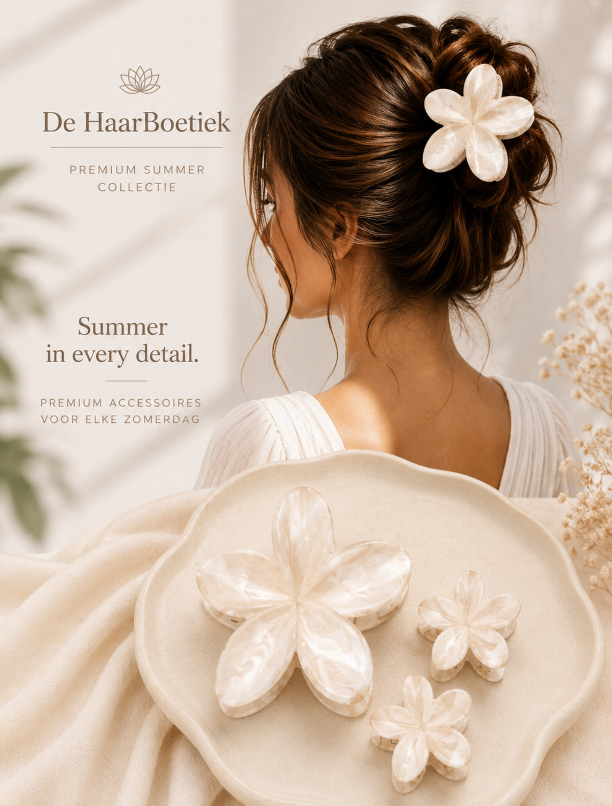 Summer flower haarclip set beige wit haaraccessoire - De HaarBoetiek