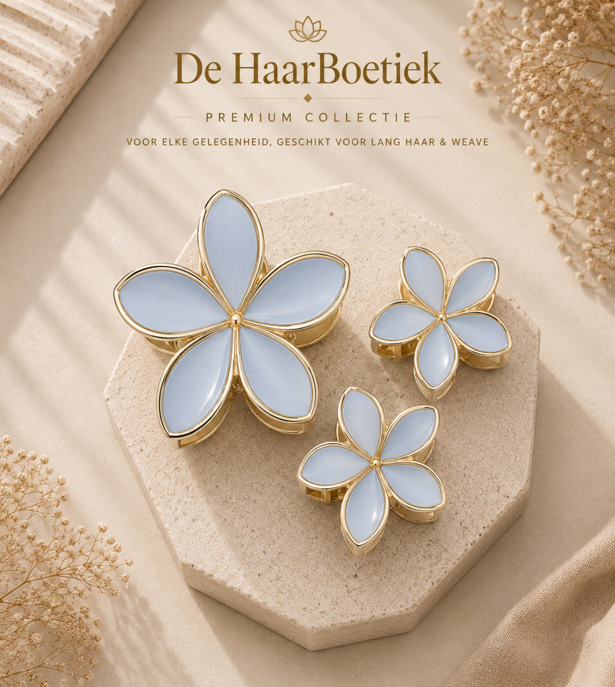 Summer flower haarclip set lichtblauw goud haaraccessoire – foto 2 - De HaarBoetiek