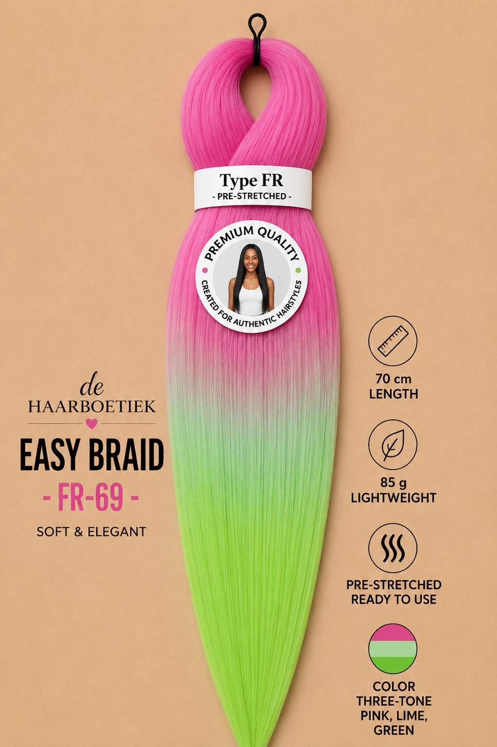 Easy braid invlechthaar roze-lime groen ombre