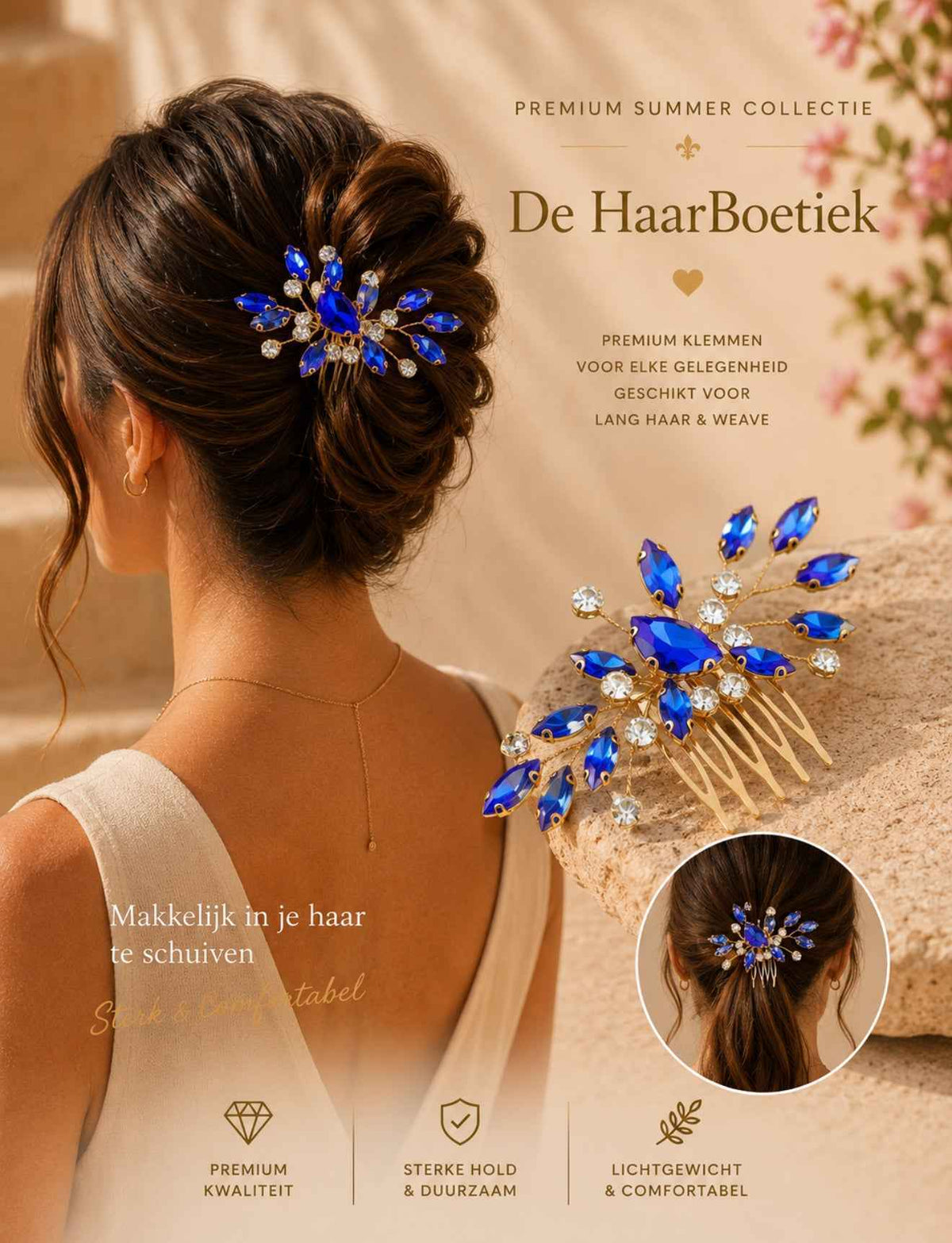Summer sparkle strass haarkam blauw haaraccessoire - De HaarBoetiek