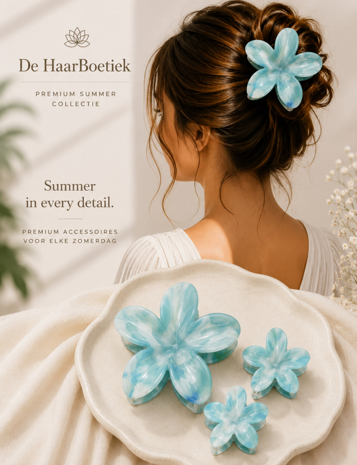Summer flower haar clip set marble licht blauw haaraccessoire - De HaarBoetiek