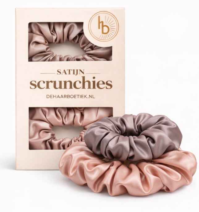 Satijnen scrunchie duo pack rosé mix donker - De HaarBoetiek