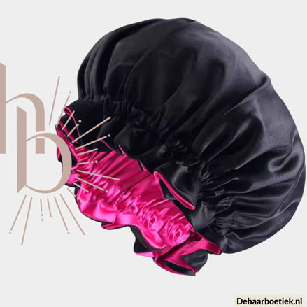 Dubbelzijdige slaapmuts satijn zwart roze - De haarboetiek, alles voor gezond haar
