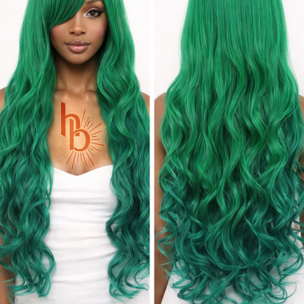 Premium dames pruik groen slag 65cm voor carnaval en festival - De HaarBoetiek